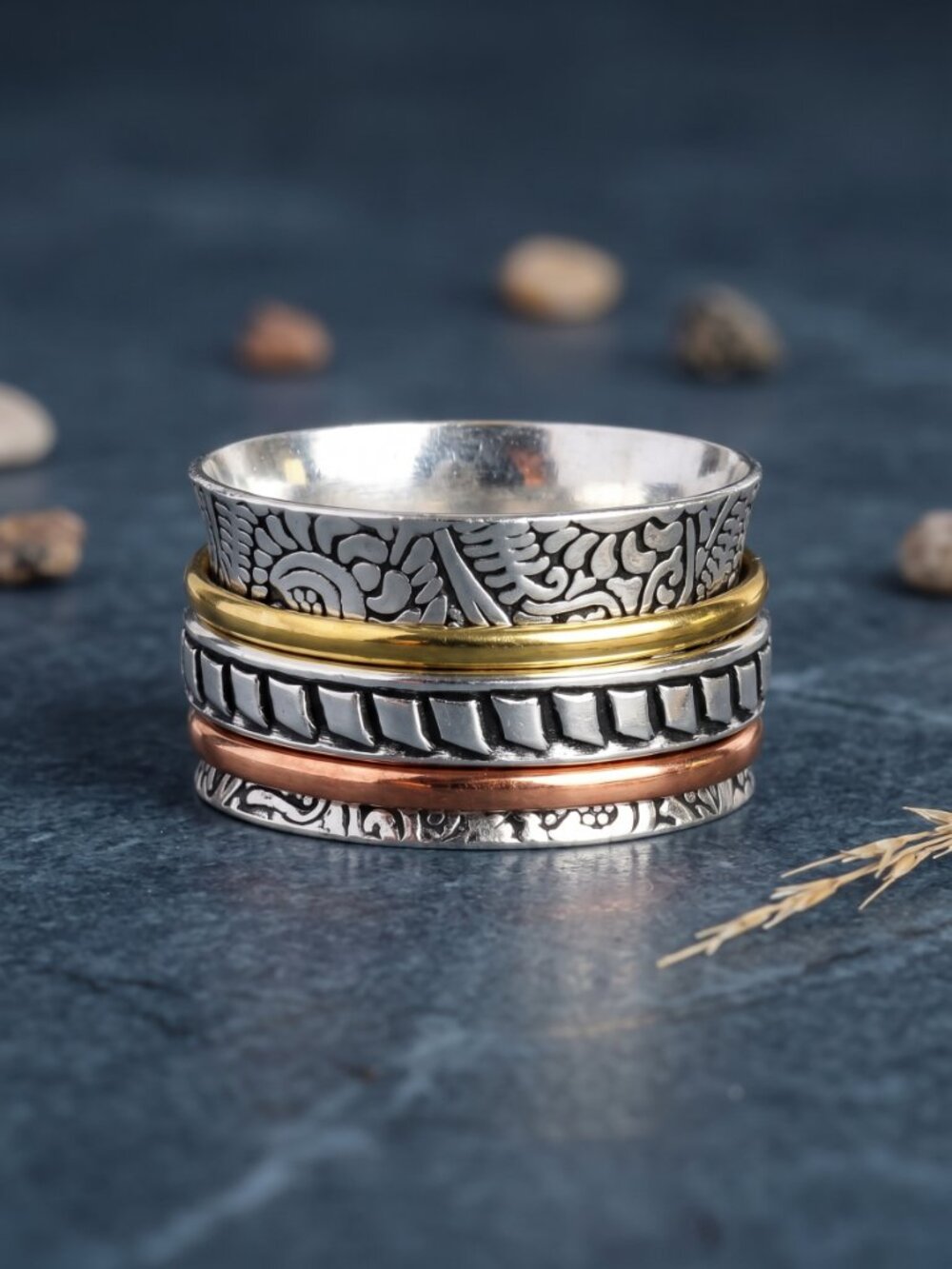 Spinner Ring 925 Sterling Silver Copper Brass Wide Band Meditation Boho Size 10